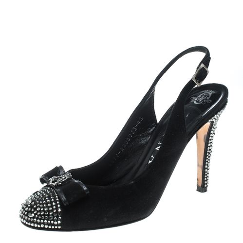 Gina Black Suede Crystal Embellished Cap Toe Slingback Sandals Size 37.5 - Gina - Modalova