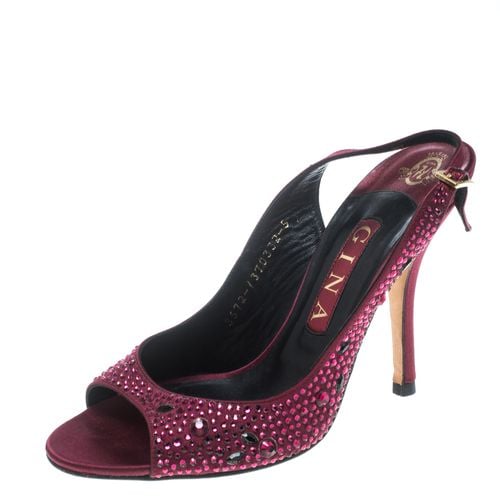 Gina Red Satin Crystal Embellished Peep Toe Slingback Sandals Size 38 - Gina - Modalova