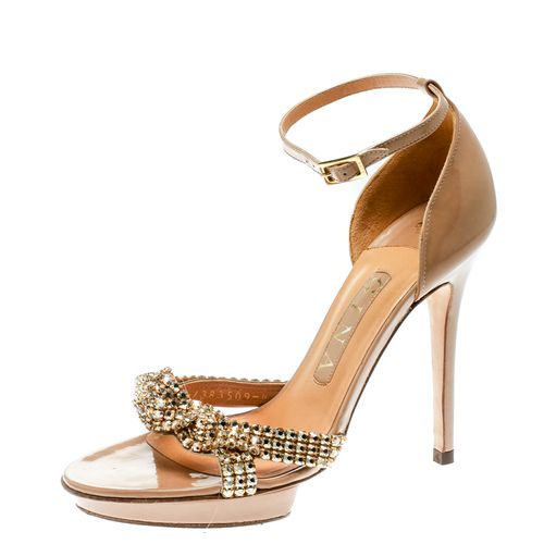 Gina Beige Leather Crystal Embellished Ankle Strap Platform Sandals Size 37 - Gina - Modalova