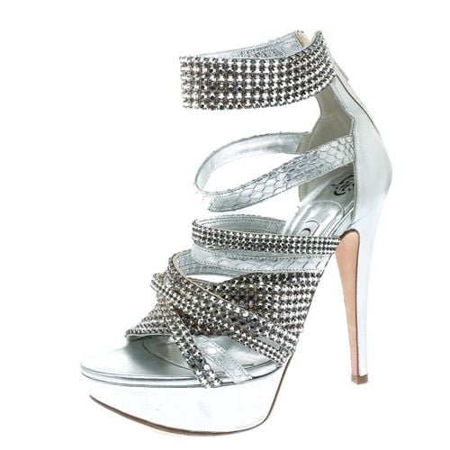 Gina Silver Crystal Embellished Leather and Python Strappy Platform Sandals Size 37 - Gina - Modalova