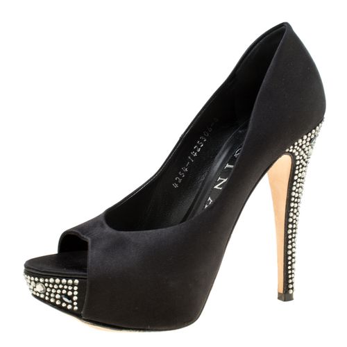 Gina Black Satin Crystal Embellished Peep Toe Platform Pumps Size 37 - Gina - Modalova