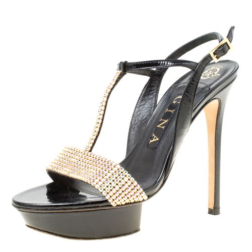 Gina Black Patent Leather Crystal Embellished Platform Sandals Size 37 - Gina - Modalova