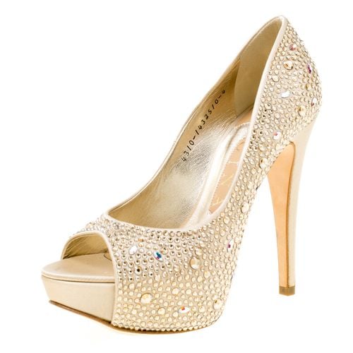 Gina Beige Satin Crystal Embellished Peep Toe Platform Pumps Size 37 - Gina - Modalova