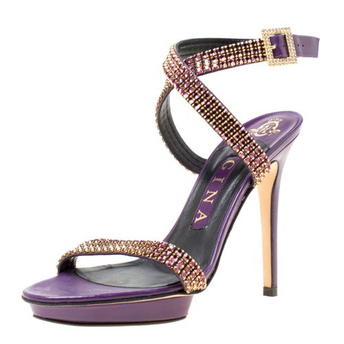 Gina Purple Crystal Embellished Leather Cross Ankle Strap Sandals Size 37 - Gina - Modalova