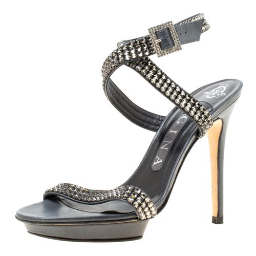 Gina Dark Grey Crystal Embellished Leather Cross Ankle Strap Sandals Size 37 - Gina - Modalova