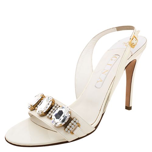 Gina White Leather Crystal Embellished Slingback Sandals Size 41 - Gina - Modalova