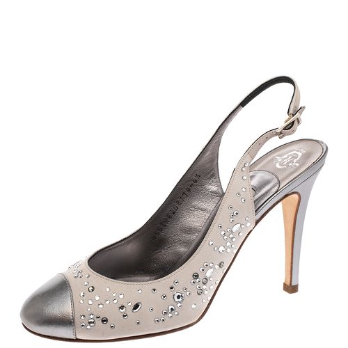 Gina Metallic Silver Satin and Leather Crystal Embellished Slingback Sandals Size 37.5 - Gina - Modalova