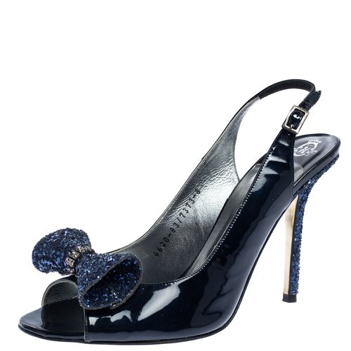 Gine Blue Patent Leather And Glitter Bow Embellished Slingback Open Toe Sandals Size 41 - Gina - Modalova