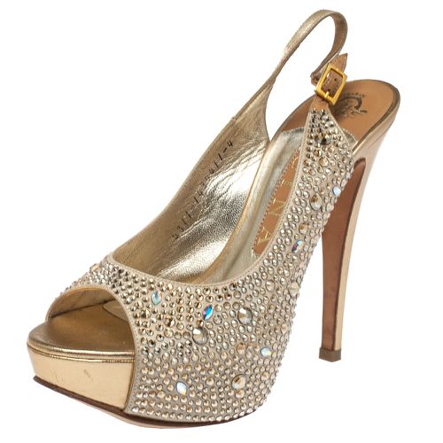 Gina Beige Satin Crystal Embellished Platform Peep Toe Slingback Sandals Size 37 - Gina - Modalova