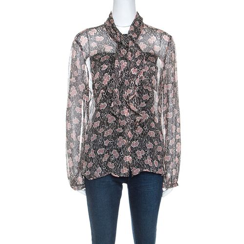 Giorgio Armani Black and Pink Floral Print Sheer Silk Blouse L - Giorgio Armani - Modalova