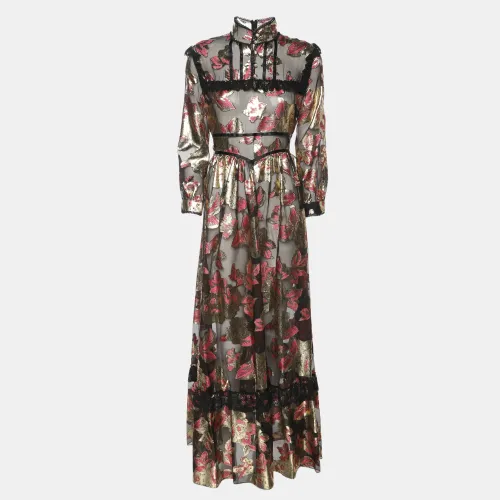 Gucci Gold/Pink Flora Pattern Tulle and Lace Trim Belted Maxi Dress S - Gucci - Modalova