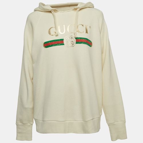 Gucci Cream Logo Print Embroidered Cotton Knit Hoodie XS - Gucci - Modalova