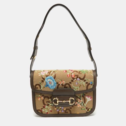 Gucci Beige/Ebony Jumbo GG Canvas and Leather Floral Embroidered Small 1955 Horsebit Shoulder Bag - Gucci - Modalova