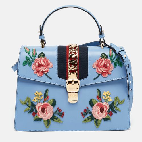 Gucci Blue Leather Floral Embroidered Medium Sylvie Top Handle Bag - Gucci - Modalova