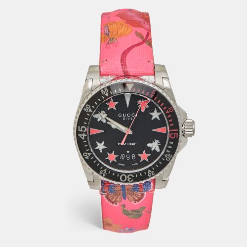 Black Stainless Steel Floral Print Calfskin Leather Dive YA136326 Women's Wristwatch 40 mm - Gucci - Modalova