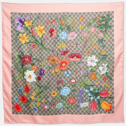 Gucci Brown/Pink GG Flora Print Silk Square Scarf - Gucci - Modalova