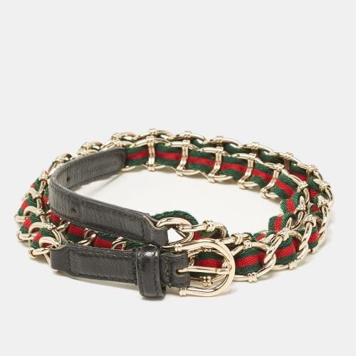 Gucci Black Leather and Web Canvas Chain Detail Slim Buckle Belt 95CM - Gucci - Modalova