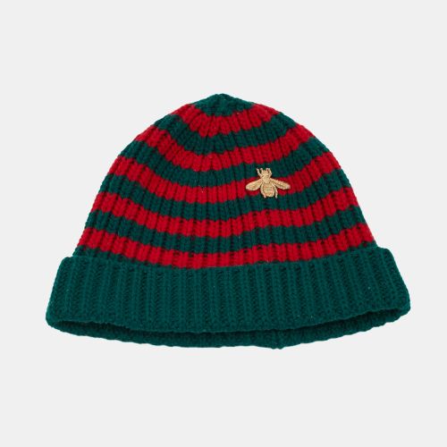 Gucci Green/Red Striped Rib Knit Bee Applique Beanie L - Gucci - Modalova