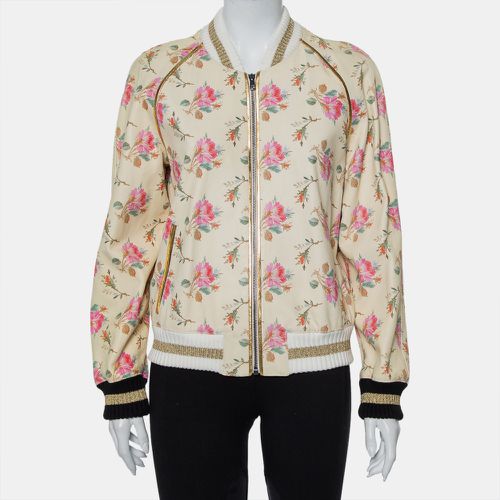 Gucci Cream Floral Printed Leather Contrast Trim Detail Bomber Jacket L - Gucci - Modalova