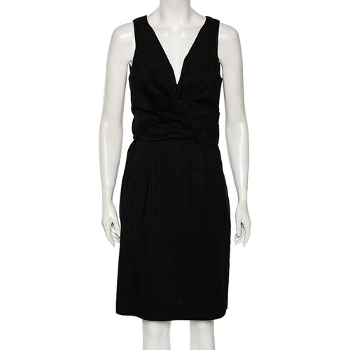 Gucci Black Striped Wool & Linen V-Neck Belted Dress M - Gucci - Modalova