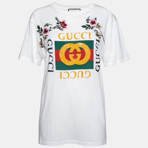 Gucci White Logo Printed & Embroidered Cotton Distressed T-Shirt XS - Gucci - Modalova