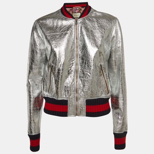 Gucci Silver Metallic Crinkle Leather Bomber Jacket L - Gucci - Modalova