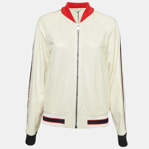 Gucci Cream Logo Print Leather Perforated Detail Bomber Jacket L - Gucci - Modalova