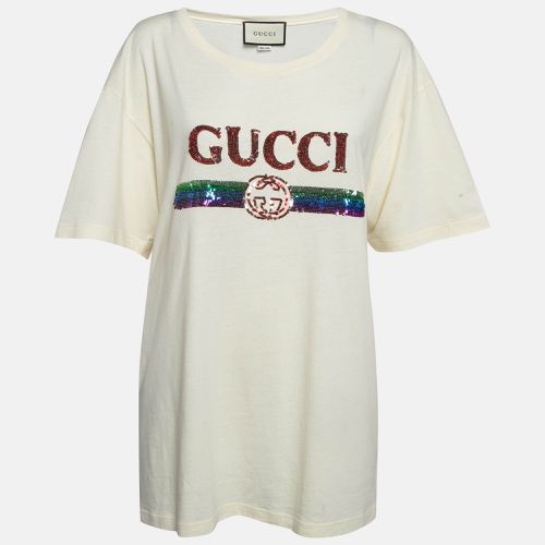 Gucci Cream Sequin Logo Cotton Crew Neck T-Shirt L - Gucci - Modalova