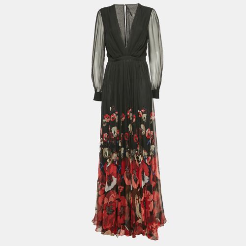 Gucci Black Floral Print Silk Plunging Neck Flared Gown M - Gucci - Modalova