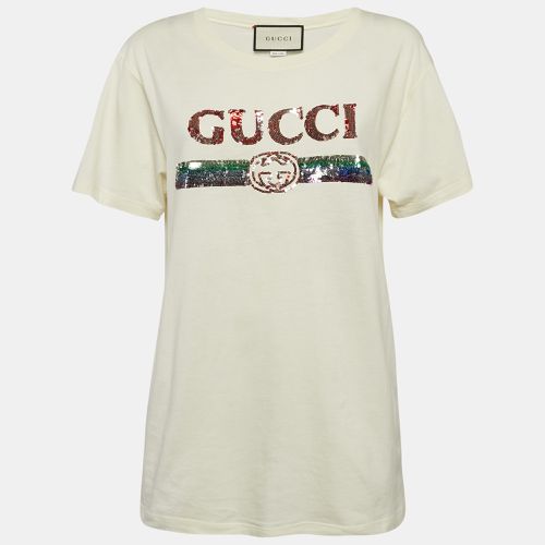 Gucci Cream Logo Sequin Embellished Round Neck Oversize T-Shirt S - Gucci - Modalova