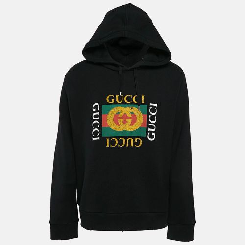 Gucci Black Vintage Print Cotton Knit Distressed Hoodie XXL - Gucci - Modalova