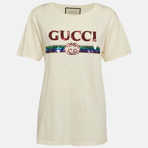 Gucci Cream Sequin Logo Cotton Crew Neck T-Shirt L - Gucci - Modalova