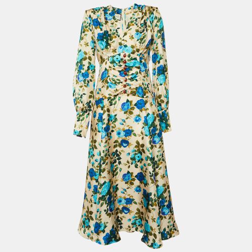 Gucci Cream/Blue Rose Print Silk Ruched Detail Long Dress M - Gucci - Modalova