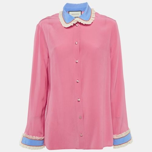 Gucci Pink Silk Contrast Trim Detail Ruffled Blouse L - Gucci - Modalova