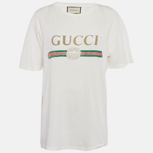 Gucci White Logo Print Cotton Floral Applique Detail Distressed T-Shirt S - Gucci - Modalova