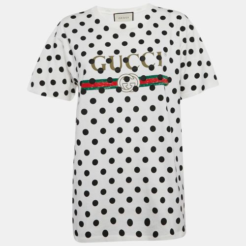 Gucci White Polka Dot Logo Print Cotton Crew Neck T-Shirt XS - Gucci - Modalova