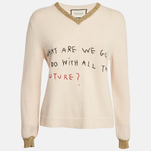Beige Embroidered Lurex Trim Wool Knit V-Neck Sweater S - Gucci - Modalova