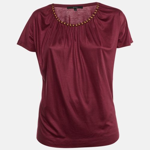 Gucci Burgundy Jersey Beaded Neck Top XS - Gucci - Modalova