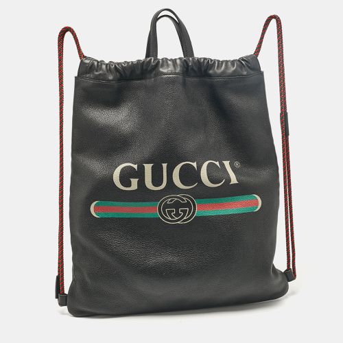 Gucci Black Leather Logo Drawstring Backpack - Gucci - Modalova