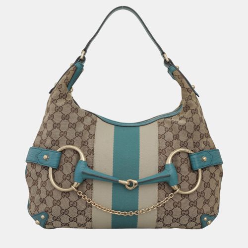 Gucci Blue, Brown Leather, Canvas Oversized Horsebit Hobo Bag - Gucci - Modalova