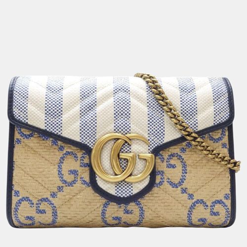 Gucci Beige Blue Leather x Raffia GG Marmont Chain Wallet - Gucci - Modalova