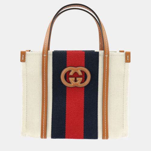 Gucci Beige Red Navy Green Brown Canvas Leather Sherry Line Interlocking G Mini Tote Bag - Gucci - Modalova