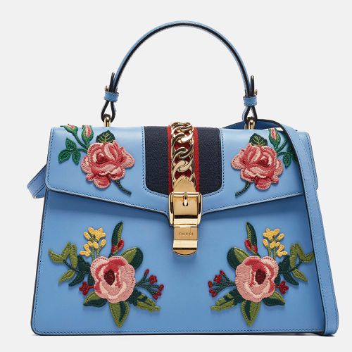 Gucci Blue Leather Medium Floral Embroidered Sylvie Top Handle Bag - Gucci - Modalova