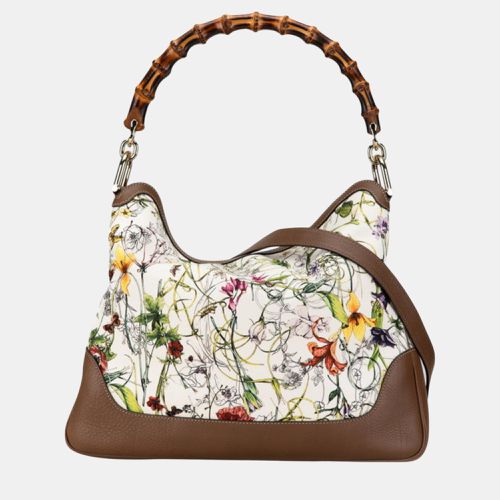 Gucci White Brown Canvas Leather Bamboo Flora Diana Flower Handbag - Gucci - Modalova