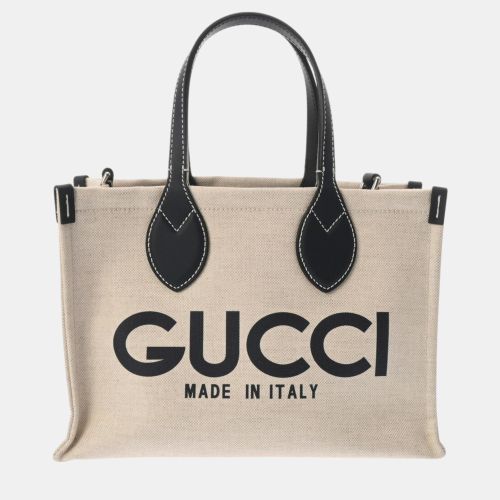 Gucci Beige Navy Canvas Leather Print Tote Bag - Gucci - Modalova