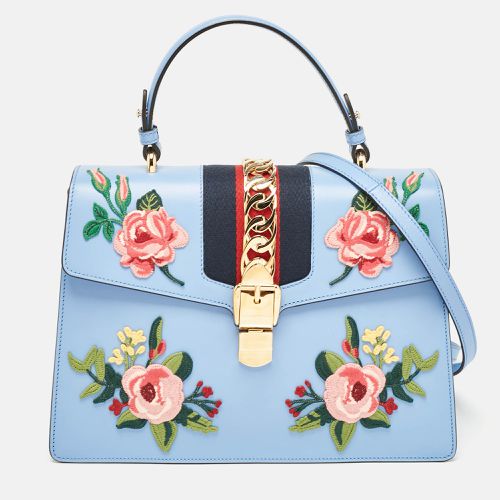 Leather Floral Embroidered Medium Sylvie Top Handle Bag - Gucci - Modalova