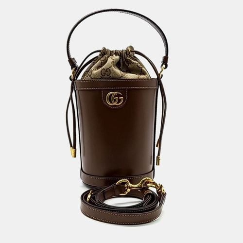 Gucci Brown/Beige Leather and Canvas Mini Ophidia Bucket Bag - Gucci - Modalova