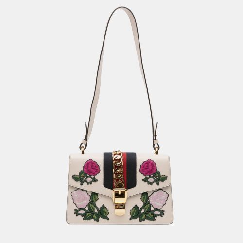 Gucci White Small Floral Embroidered Leather Sylvie Satchel - Gucci - Modalova
