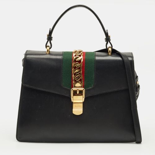 Gucci Black Leather Medium Web Sylvie Top Handle Bag - Gucci - Modalova