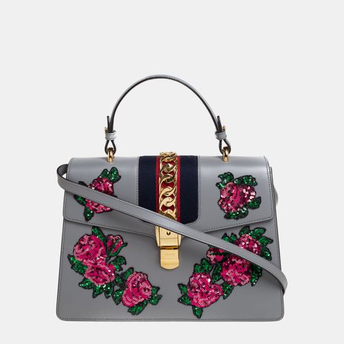 Gucci Grey Floral Sequins Patch Leather Medium Sylvie Top Handle Bag - Gucci - Modalova